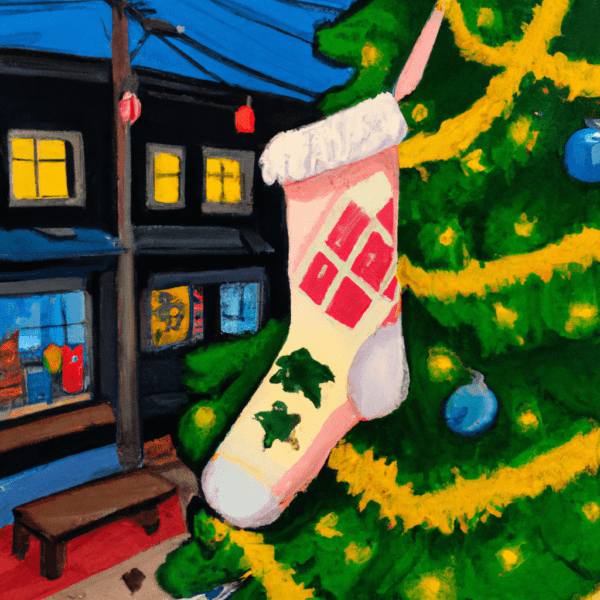 japan, tokyo, izakaya, anime oil painting, high resolution, ghibli inspired, 4k, christmas sock, christmas tree